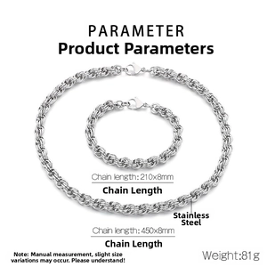 Detailed product dimensions for the 8mm stainless steel rope chain necklace and bracelet set