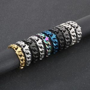 Detailed display of 15mm Cuban link bracelets in various colors on a black jewelry stand