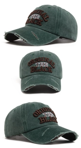 Detailed views of vintage green washed baseball cap with 3D embroidery and distressed brim