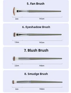 Detail view of 4 professional makeup brushes with precise size dimensions and grey handles