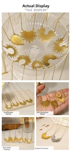 Detailed close-up of 18K gold-plated stainless steel sunflower pendant necklace on model