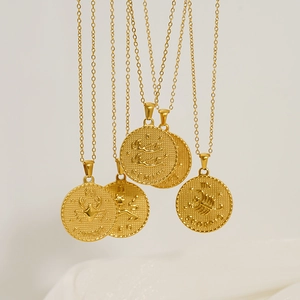 18K gold plated vintage zodiac medallion necklaces featuring engraved astrological signs