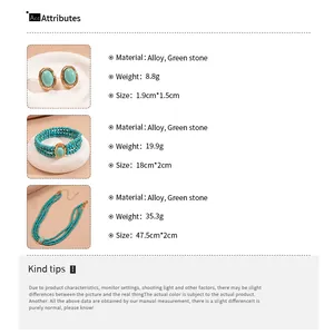 Detailed size and material specification chart for green stone necklaces and earrings