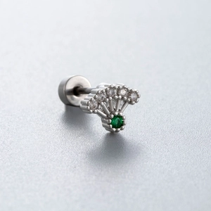 Titanium steel fan-shaped stud earring with dark green zircon heart and silver finish