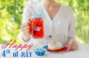 Mason jar with USA map flag sticker and blue sugar rim for Independence Day party