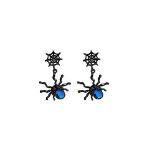 Gothic black spider earrings with blue stone inlay and web hook on white background
