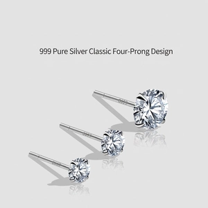 S999 Fine Silver Stud Earrings Round Cubic Zirconia Four Prong Setting Anti Allergy Minimalist Jewelry For Women Girls