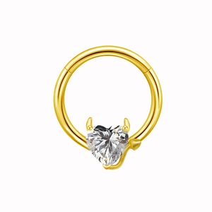 Golden devil heart nipple ring with clear zircon crystal and polished devil horn accents
