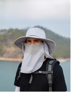 Chapeau de soleil extérieur gris clair avec large bord, masque et rabat de cou pour la pêche