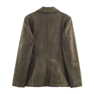 Men's olive green suede double-breasted blazer showing a full back view on white background