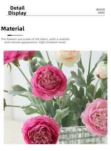Detail shot of pink silk Ranunculus petals with lifelike texture and green leaves