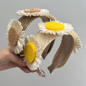 Sunflower Raffia Braided Headband Sweet Floral Wide Edge Hairband Boho Handmade Hair Claw Accessory Women