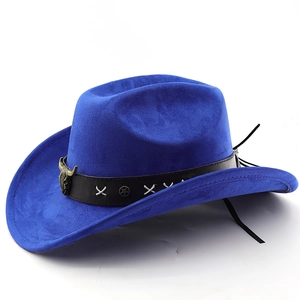 Detail of blue suede cowboy hat featuring bronze bull head emblem and star studs