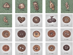 Detailed grid view of assorted coconut and wood buttons in heart and leaf shapes