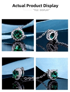 Macro view showing emerald-style round moissanite pendant with halo setting and O-chain