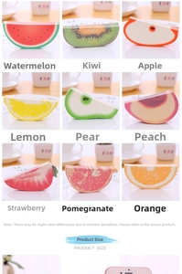 Detailed grid of 9 3D fruit-shaped sticky notes including apple, kiwi and lemon styles