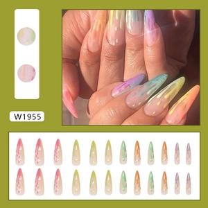 Rainbow gradient macaron press-on nails with 3D water droplet texture, 24-piece almond set