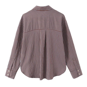 Brown striped loose poplin shirt for women with classic long sleeves on white background