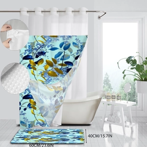 Waffle weave shower curtain set with yellow leaf print and matching bath mat 60x40cm