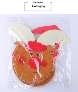 Detailed view of a felt Christmas reindeer gift bag in clear protective packaging