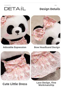 Close-up of plush panda toy detailing cute bow tie, facial expression, and lace dress embroidery