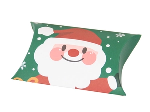 Detailed view of a green pillow-shaped Christmas candy box with Santa Claus and snowflakes