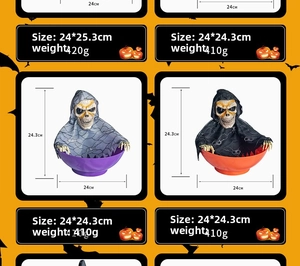 Detailed size dimensions of Halloween skull candy bowls with purple and orange accents