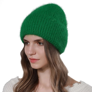 Fashionable emerald green angora rabbit hair knitted beanie hat for winter warmth