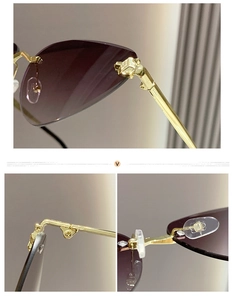 Detail of frameless sunglasses showing purple gradient lens and gold metal hinge