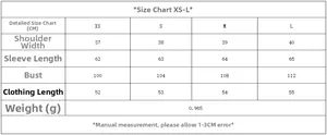 Detailed size chart for women casual jacket featuring XS to L measurements in centimeters