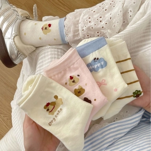 Chaussettes femme en coton style japonais avec motifs de chiens mignons et nœuds