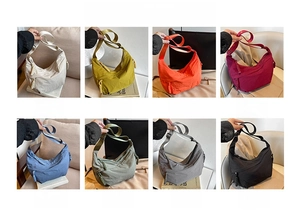 Collage of nylon crossbody bags in eight vibrant colors with casual drawstring design