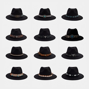 Chapeau Fedora Panama Classique Noir pour Femmes Hommes Large Bord Style Western Cowboy Jazz Chapeau en Feutre de Polyester Avec Bande Décorative