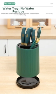 Detail of multi-functional green kitchen knife holder with gold trim and drainage tray