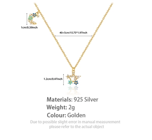 Detailed view of gold 925 silver necklace with moon and star pendants and dimensions