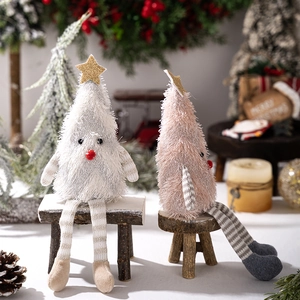 Cute plush Christmas tree dolls with long legs and sequin stars for festive home decor