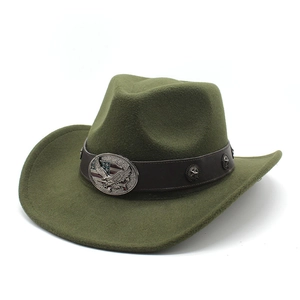 Olive green felt western cowboy hat with leather star band and eagle crest plaque