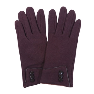 Detail of winter thermal knit gloves featuring three buttons and faux leather trim