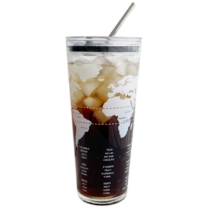 Double-walled glass water bottle with world map print and metal straw 1L capacity