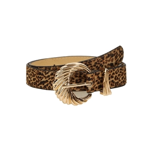 Chic leopard print leather belt for women featuring a textured golden metal buckle