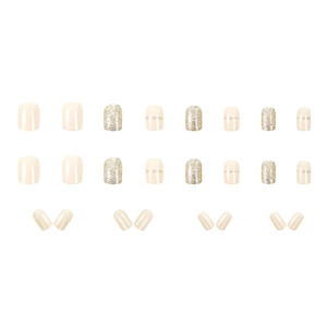 Short square press-on nails with creamy gradient, silver glitter, and striped design