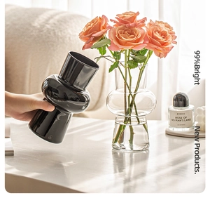 Close-up of modern double-sphere glass vases in opaque black and transparent finishes