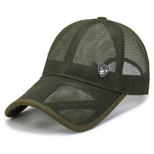 Olive green breathable mesh baseball cap with side eagle shield logo for outdoor sun protection