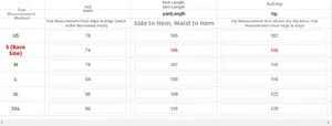 Detailed size chart for high-waisted wide-leg jeans with waist, length, and hip measurements
