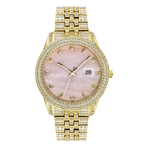 Detail of gold iced-out watch with pink mother-of-pearl dial and crystal bezel