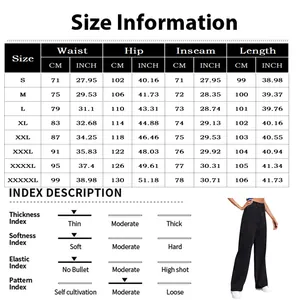 Detailed size chart for high waist wide leg jeans showing waist and hip measurements