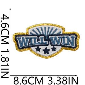 Detail showing WILL WIN embroidery patch dimensions 8.6x4.6cm with gold glitter edges