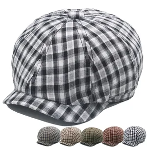 Classic Newsboy Cap Plaid Cotton Breathable Retro Flat Beret Hat For Men Women Outdoor Sun Protection Adjustable