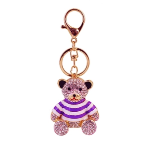 Sparkly bear keychain with purple rhinestones and striped enamel on a golden ring