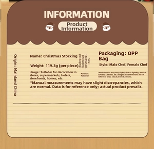 Detailed size and weight chart for chef style Christmas stocking made of polyester